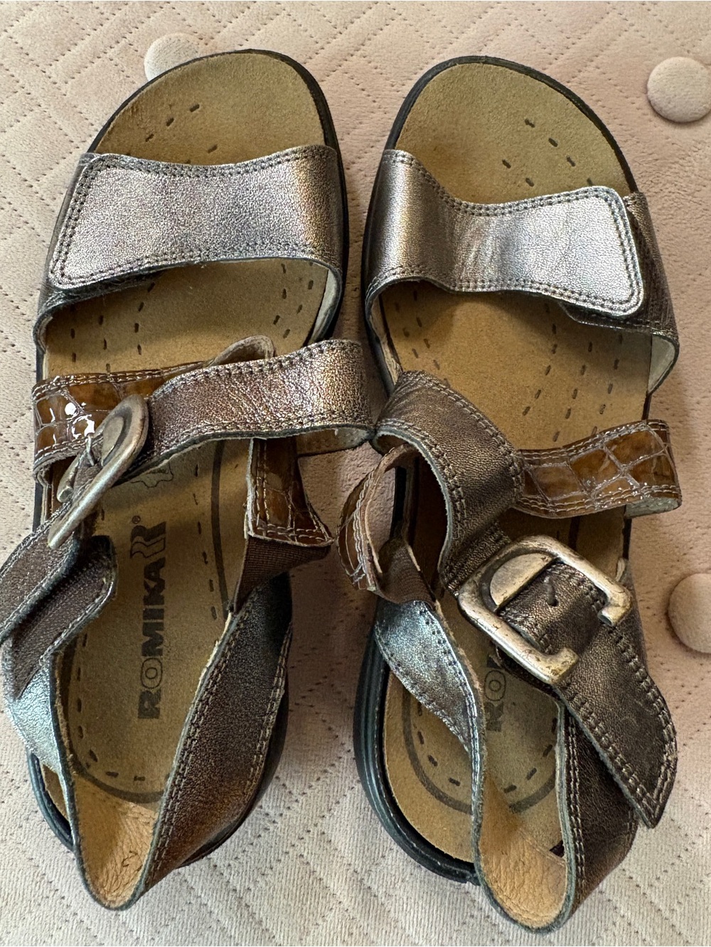 Romika bronze leather sandals with buckle straps and slight wedge heel